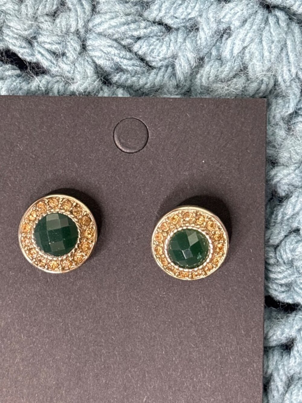 Circle Stud Earrings Goldtone Green Yellow Rhinestone Halo 5/8 inch - Picture 3 of 5